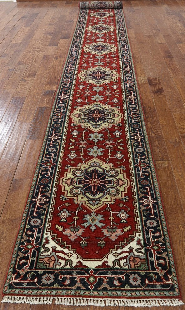 Red & Blue Oriental Runner 3'x20' Heriz Serapi Hand Knotted Wool Rug H9217
