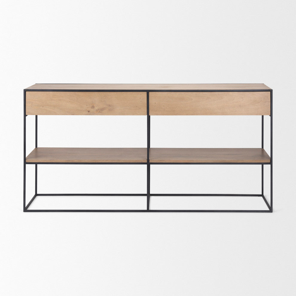 Morris Beige Wood With Black Metal Frame 2 Drawer Console Table