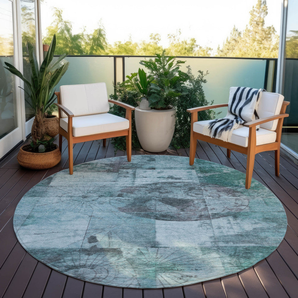 Machine Washable Indoor/Outdoor Chantille ACN1905 Teal 8' x 8' Round Rug