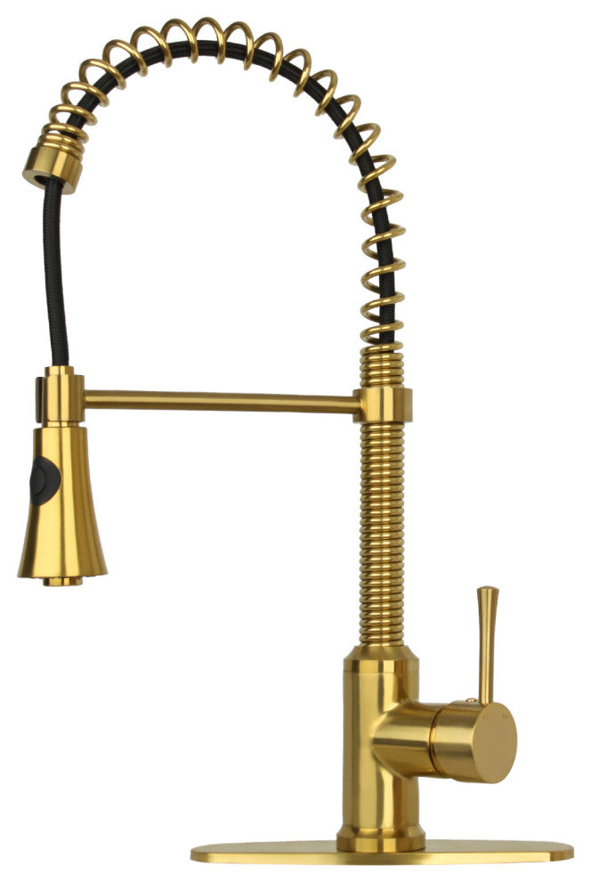 Copper Pre-Rinse Spring Pull Down Kitchen Faucet With Deck Plate Brushed Gold