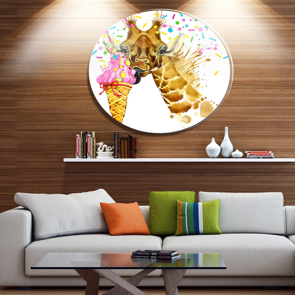 Giraffe Eating Ice Cream Watercolor, Animal Art Round Wall Art, 36"