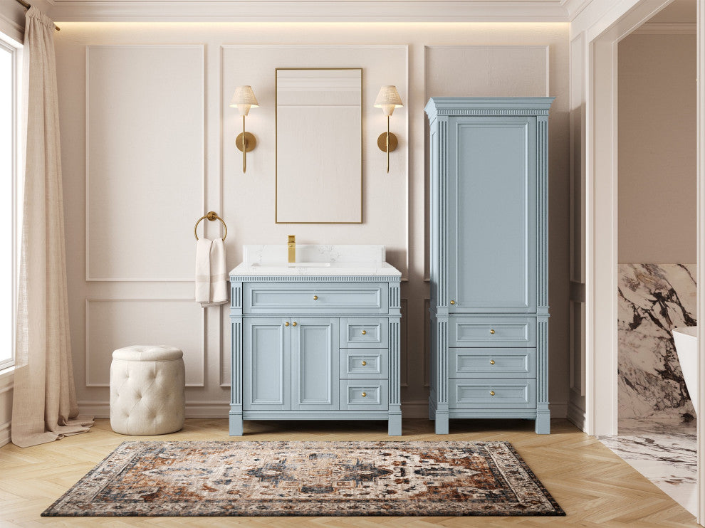 Paris 36" Left Offset Bathroom Vanity, Blue Heather 1.5" Empira Quartz