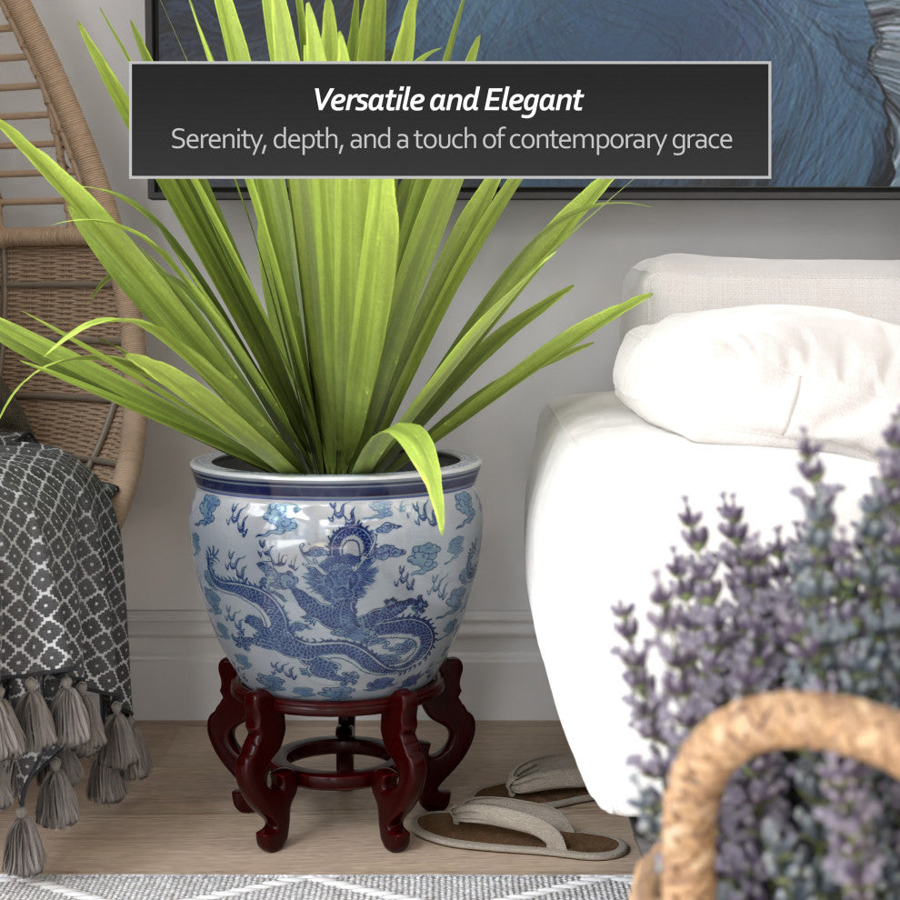 14" Dragon Blue and White Porcelain Fishbowl