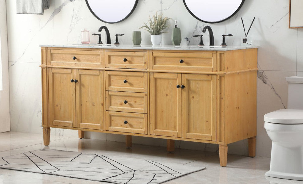 Home Living Vanity with Carrara White Marble Countertop, Natural Wood, 72", Double Sink
