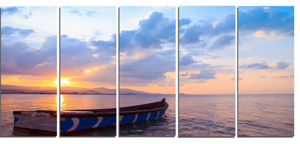 "Small Fishermen Boat At Sunset" Modern Seashore Canvas Art, 5 Panels, 60"x28"