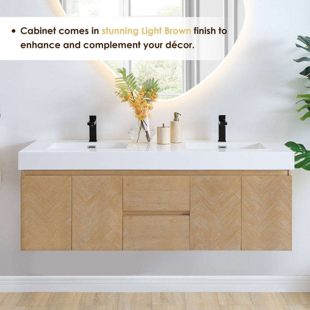 Siena Wall-mounted Single Bath Vanity, Light Brown, 60inch, No Mirror
