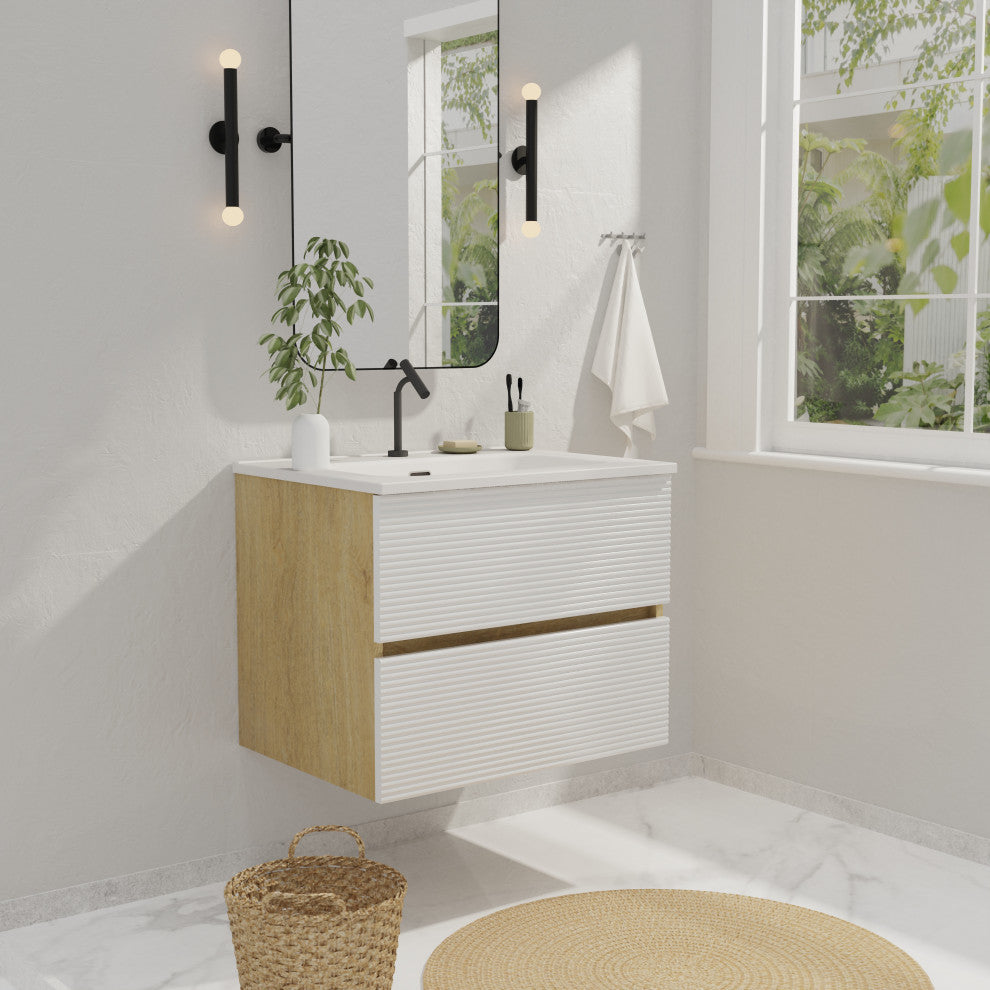 Wall-Mounted Bathroom Vanity Set with Integrated Ceramic Sink, White, 24"