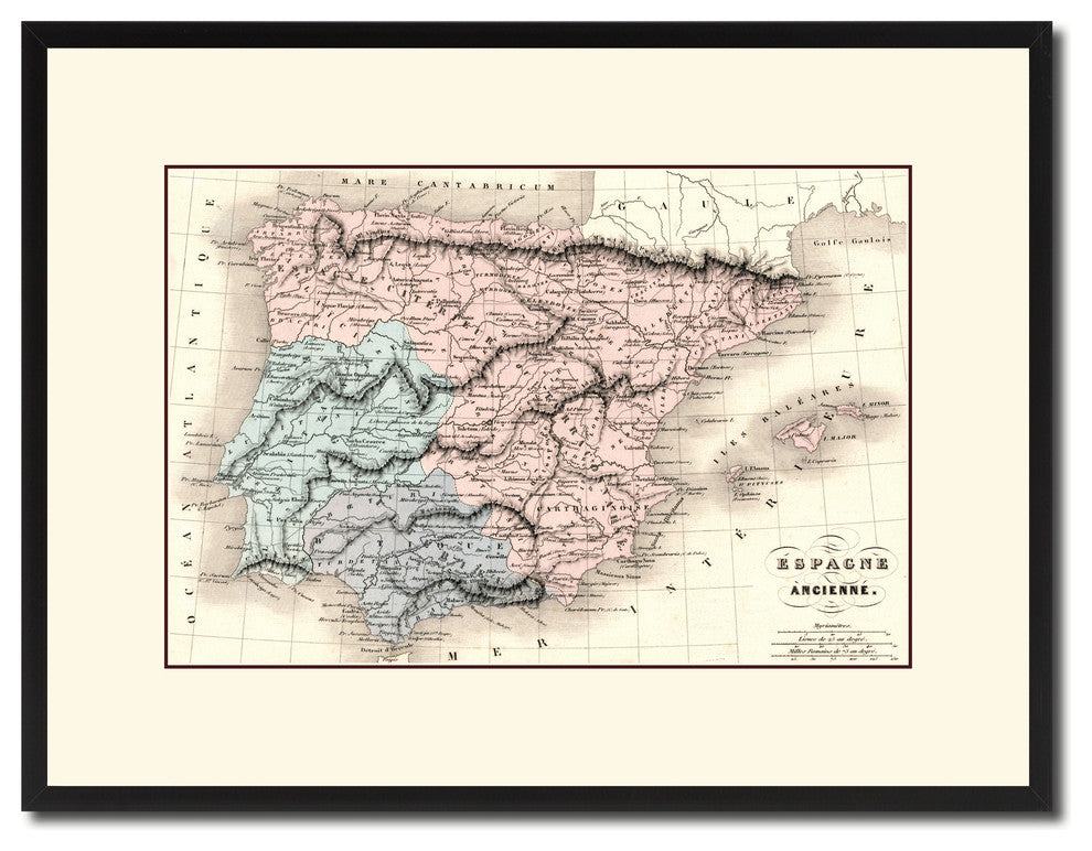 Spain, Portugal Map Print On Canvas With Black Frame, 16" X 21"