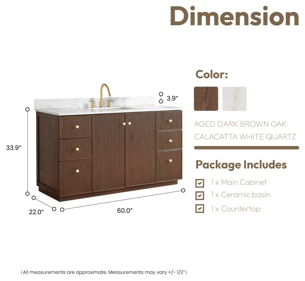 Oza Bath Vanity with Quartz Stone Top, Aged Dark Brown Oak, 60", Single Vanity, No Mirror