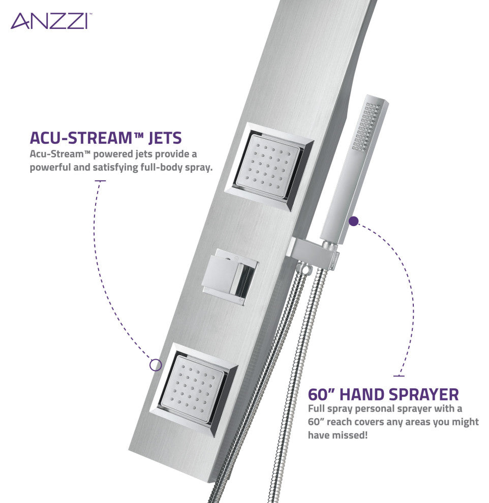 Aura 2-Jetted Shower Panel With Heavy Rain Shower and Spray Wand, Brushed Steel