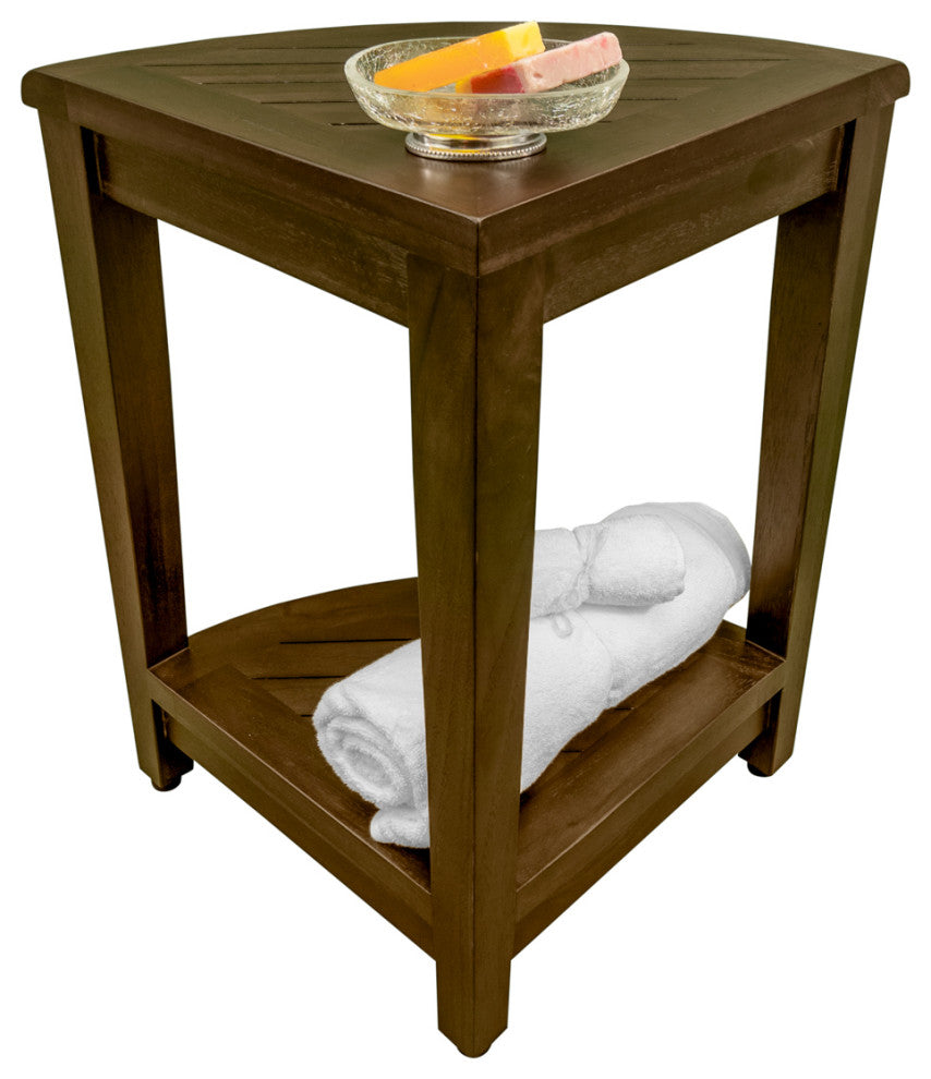 Oasis Teak Corner Shower Stool, Table With Shelf, 16"x18"