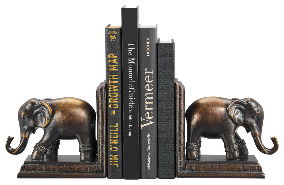 Danya B. Ornate Elephants Polyresin Bronze Patina Finish Bookend Set of 2