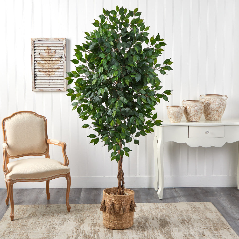 6' Ficus Faux Tree With Natural Trunk, Handmade Natural Jute Planter W/ Tassels
