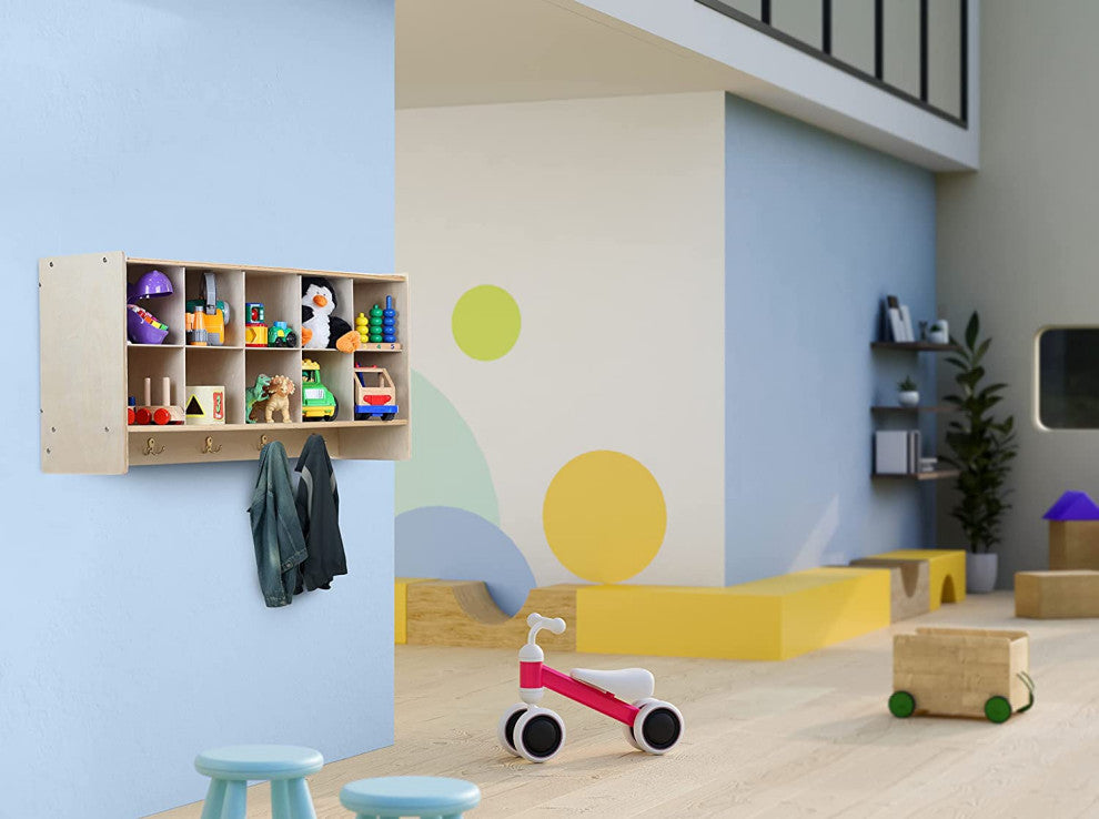 10 Section Wood Cubbies Storage, Lime Green Bins, Wall Hanging Organizer