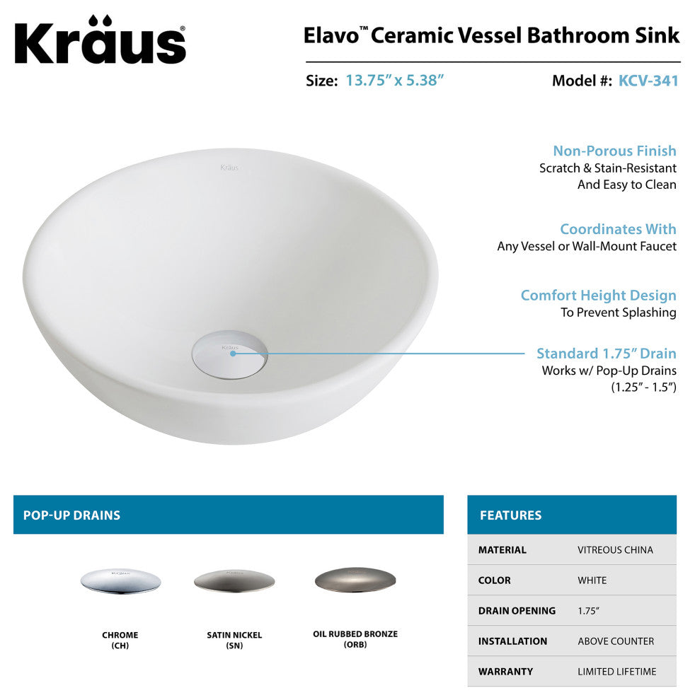 Elavo Ceramic Round Vessel White Sink, PU Drain Chrome
