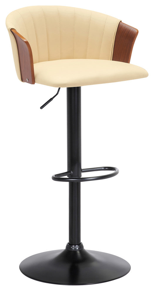 Lydia Adjustable Walnut Wood Bar Stool, Cream Faux Leather With Black Metal, Cream Faux
