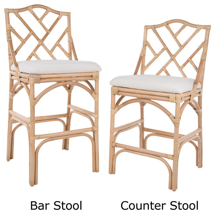 Chippendale Rattan Stool, Natural Color With Off-White Upholstery, Counterstool