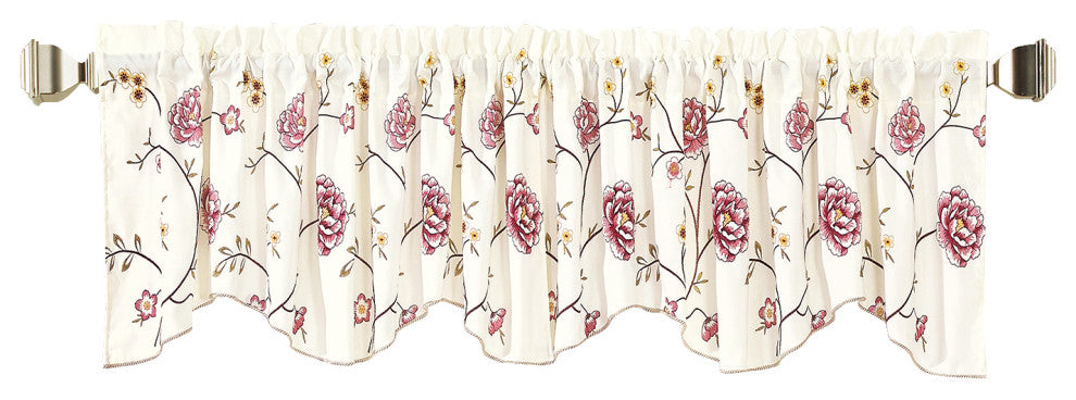 Spring Flower Embroidery Window Curtain Valance, Burgundy, 19" X 60"