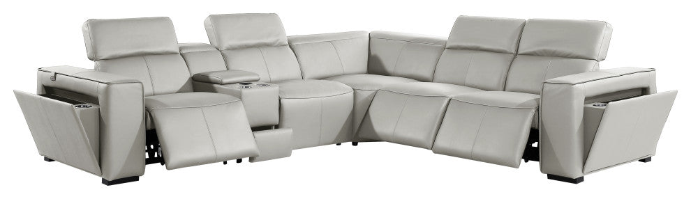 Niccolo Top Grain Italian Leather 6-Piece L-Shaped Power Reclining Sectional, Light Grey