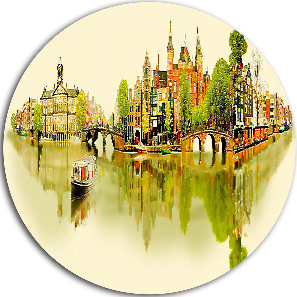 Amsterdam Panoramic View, Cityscape Watercolor Disc Metal Artwork, 23"