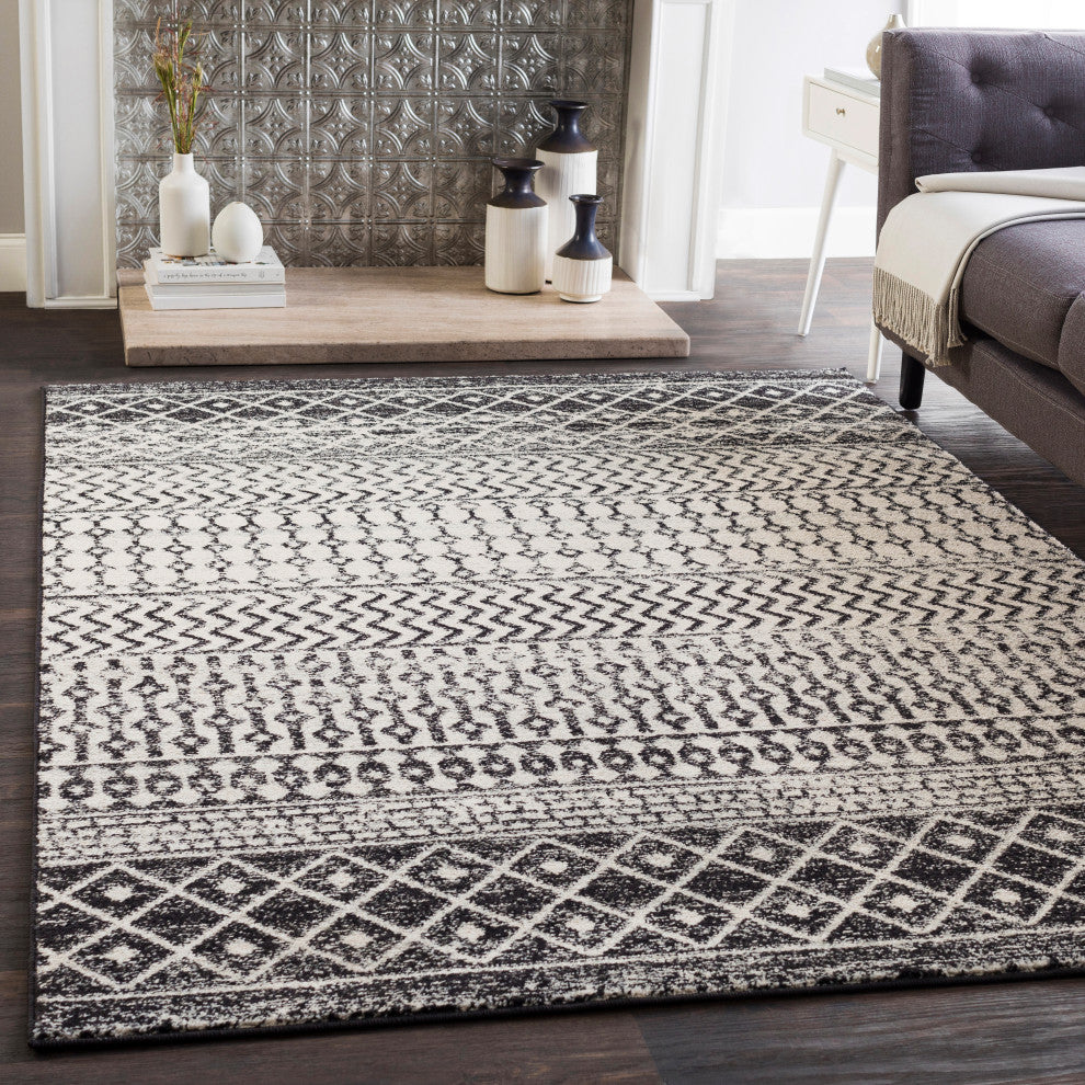 Elaziz Bohemian Global Gray, Black Area Rug, 7'10"x10'3"