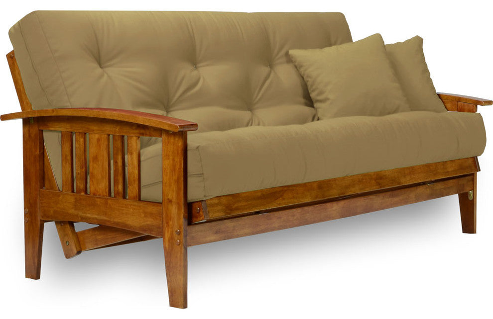 Westfield Wood Futon Set, Frame, 8" Mattress, Microfiber Sussex Khaki, Full