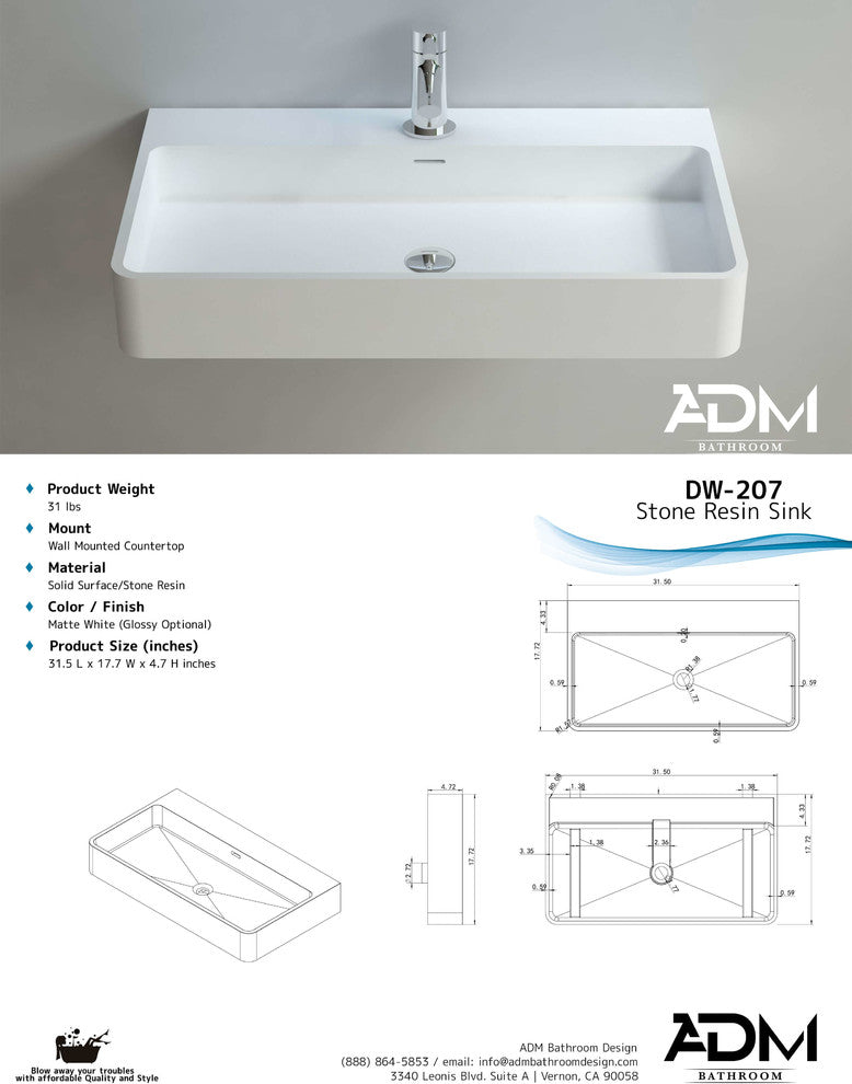 ADM Rectangular Countertop Sink, White, 31", Matte White