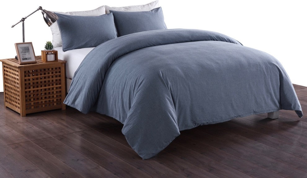 Messy Bed Washed Cotton Duvet Cover and Sham Set, Blue, King