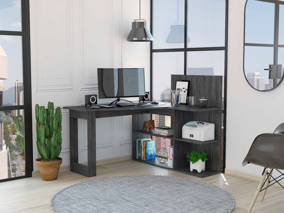 Fresno Computer Desk, With 4 Shelves, Gray Oak
