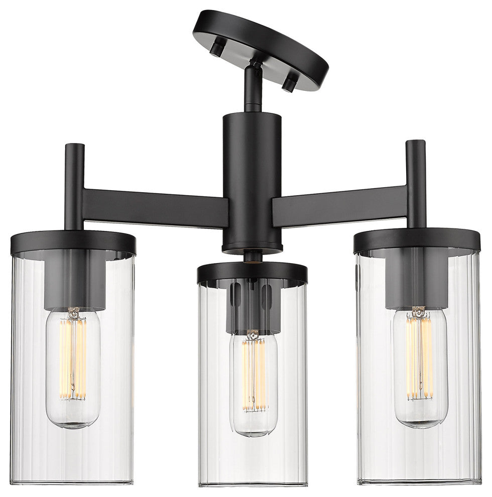 Winslett 3 Light Semi-Flush, Matte Black With Ribbed Clear Glass