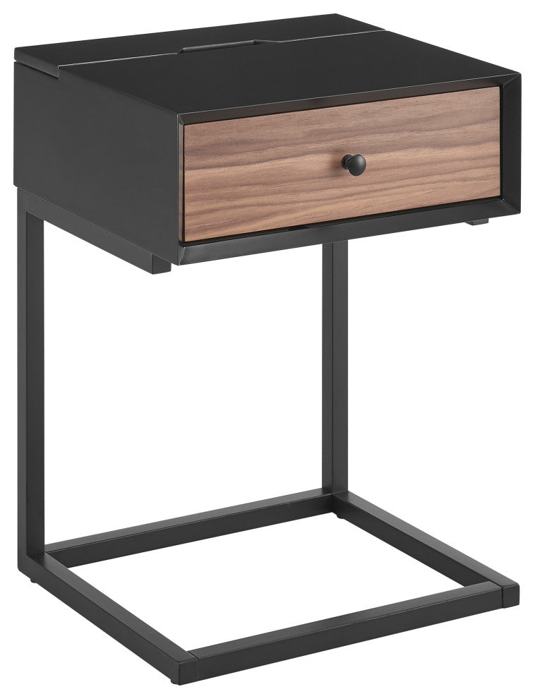 Daeg Smart Side Table, Matte Black With American Walnut Veneer Drawer