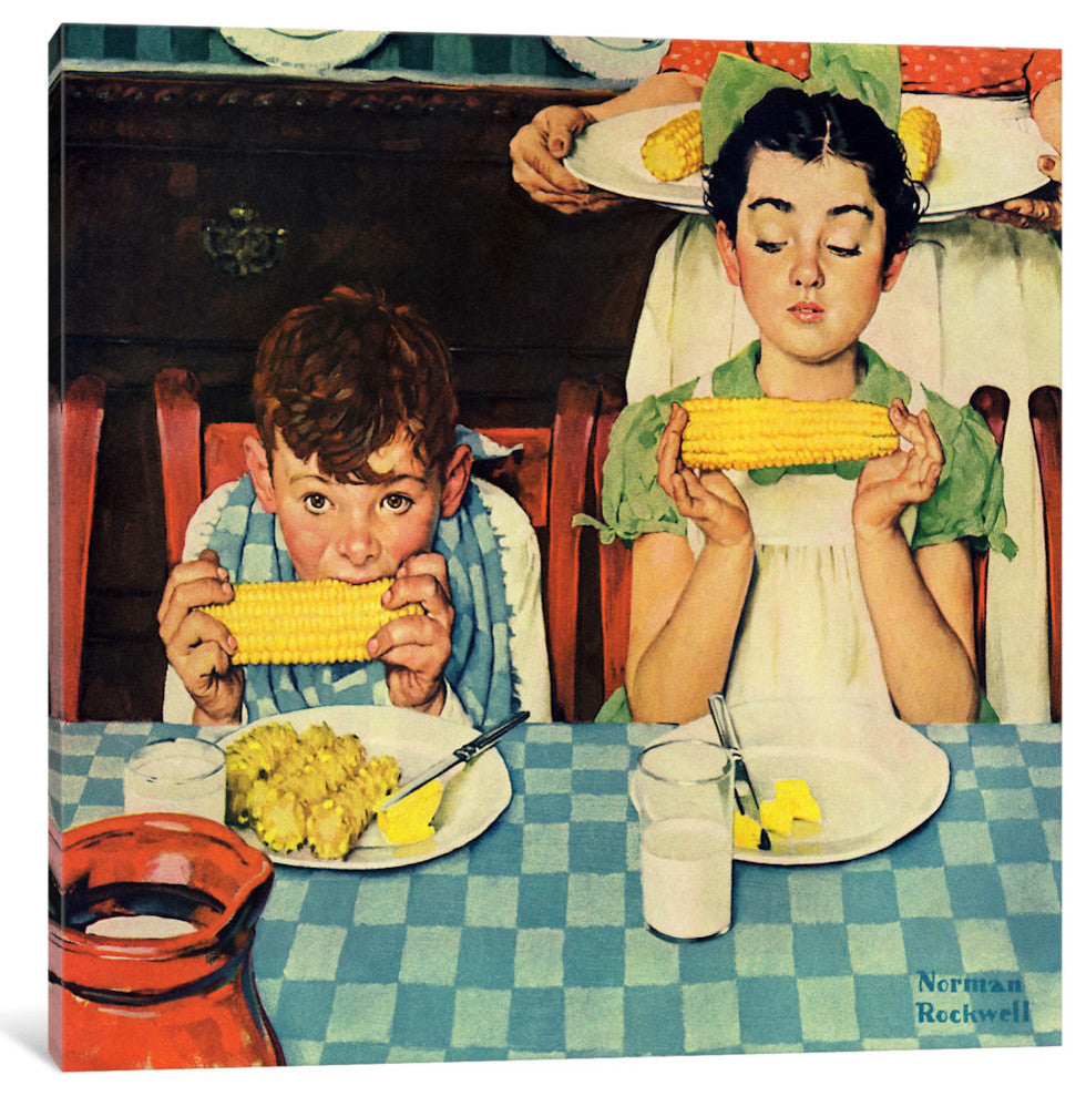 "Who's Having More Fun (Kids Eating Corn)" by Norman Rockwell, 18x18x1.5"