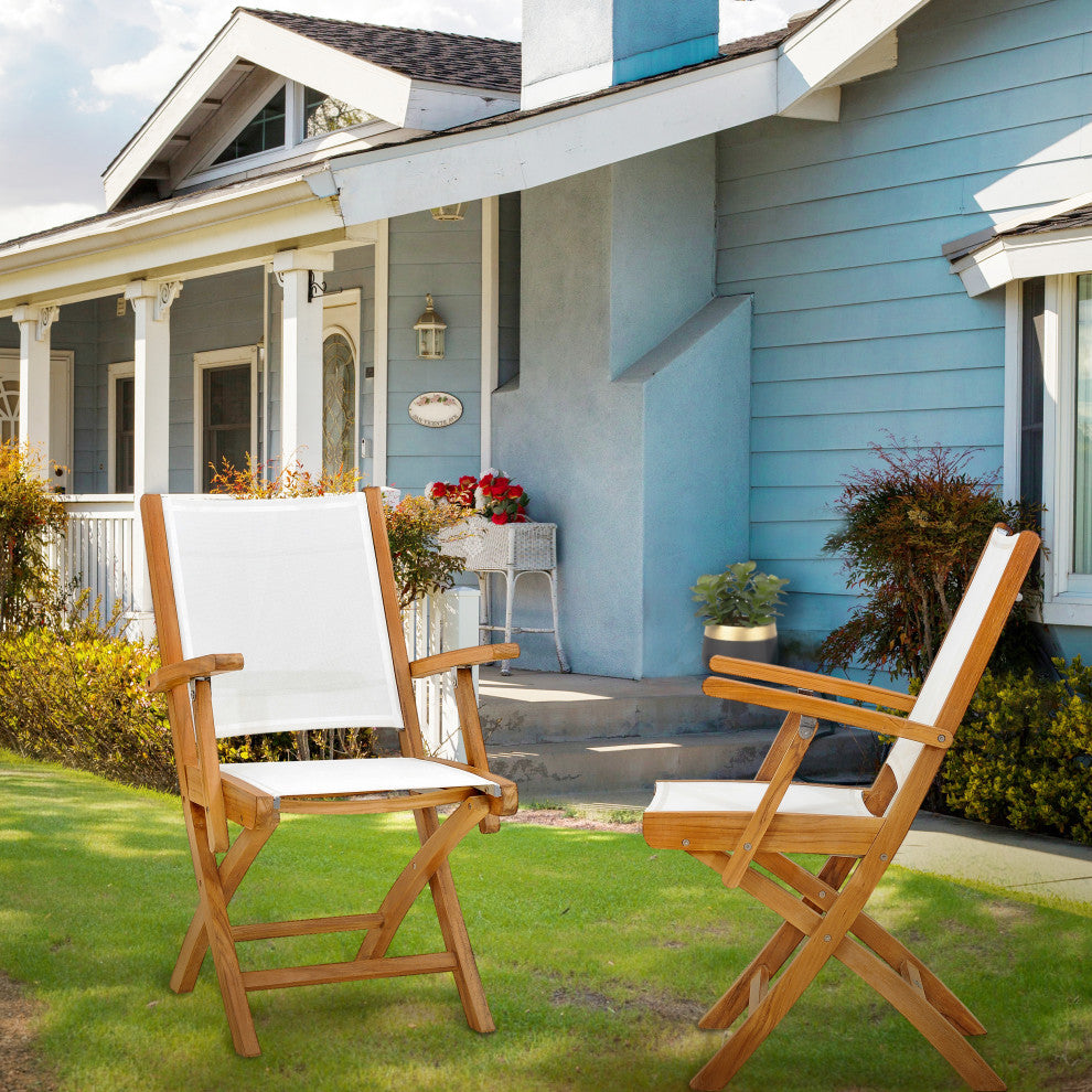 Teak Wood Miami Folding Arm Chair with Batyline Sling, Set of 2