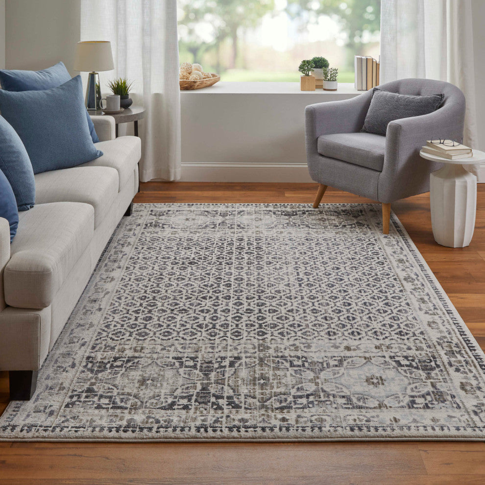 Kiba R3874 Transitional/Bohemian & Casual Area Rug, Gray/Ivory, 7'10"x10'