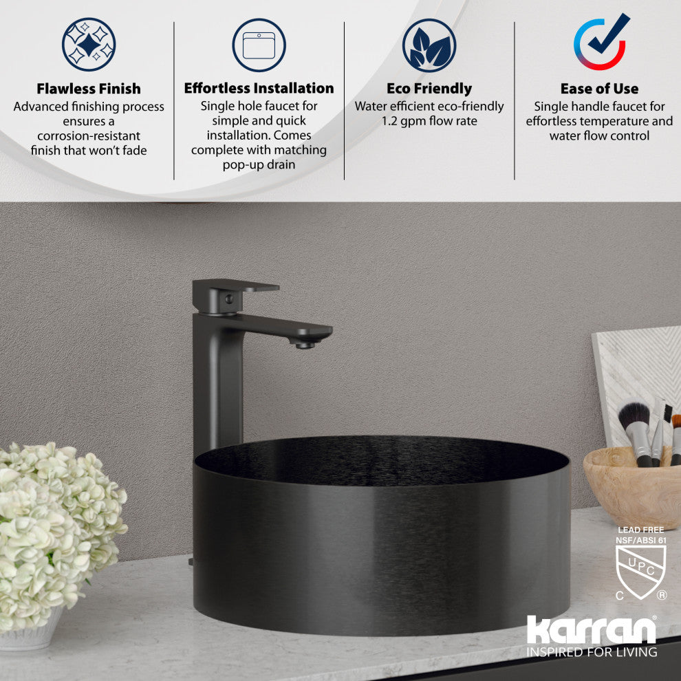 Karran 1-Handle 1-Hole Vessel Faucet With Pop-up Drain, Gunmetal Grey
