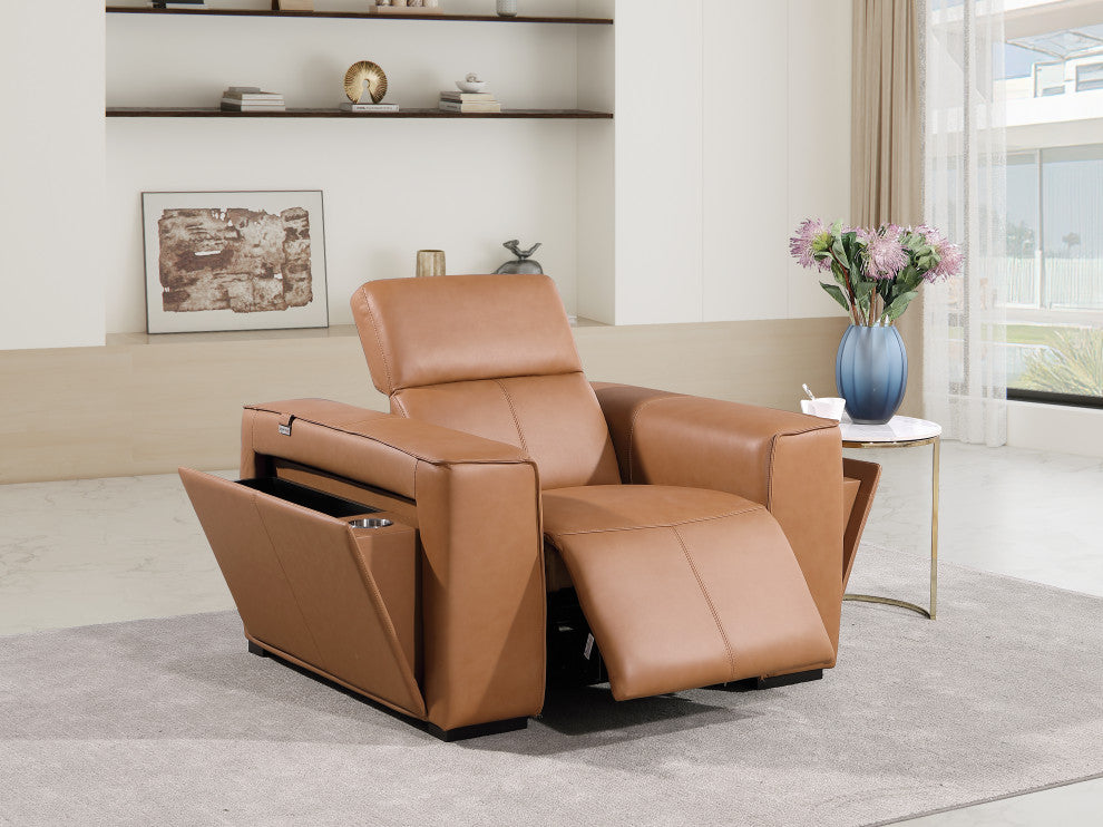 Niccolo Italian Leather Power Reclining Arm Chair With Power Headrests, Cognac
