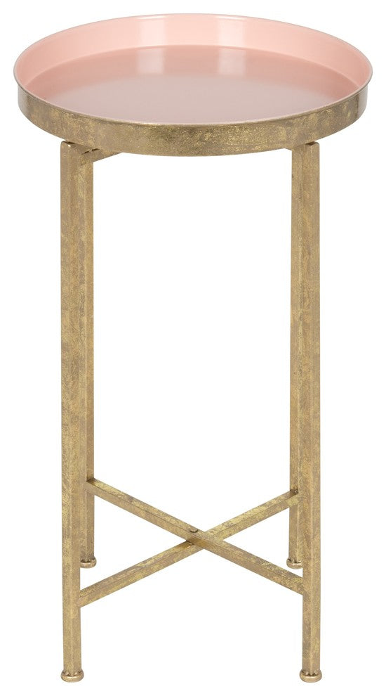 Kate and Laurel Celia Round Metal Foldable Tray Accent Table, Gold and Pink