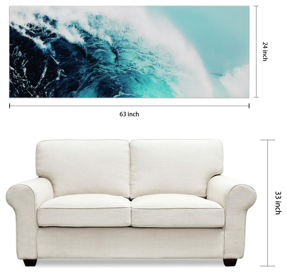 "Blue Wave 1" Wall Art Frameless Free Floating Tempered Glass Print 24" x 63"