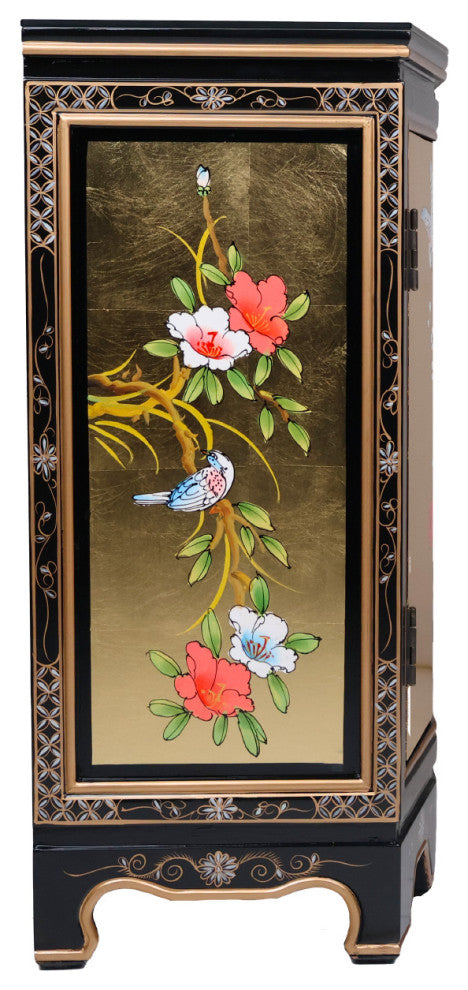 Slant Front Gold Leaf Hand-Painted Bird and Flower 2-Door Cabinet