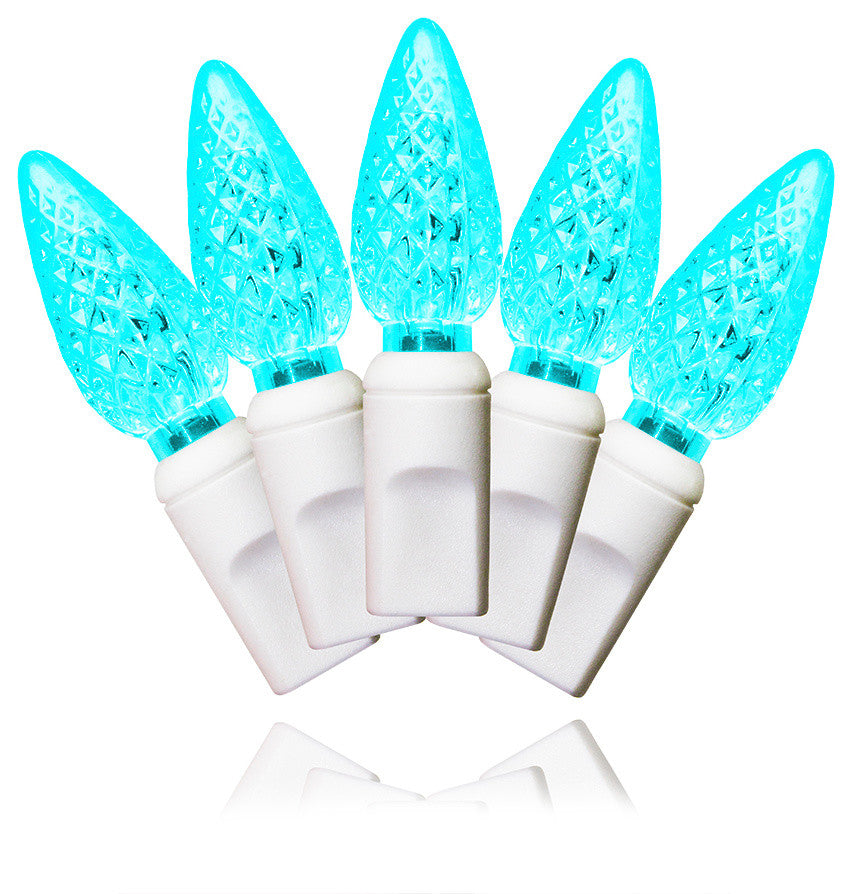 35 C6 Teal LED Lights 4" Spacing On White Wire