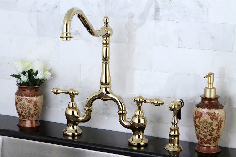 Kingston Brass Bridge Kitchen Faucet With Brass Sprayer, Polished Brass