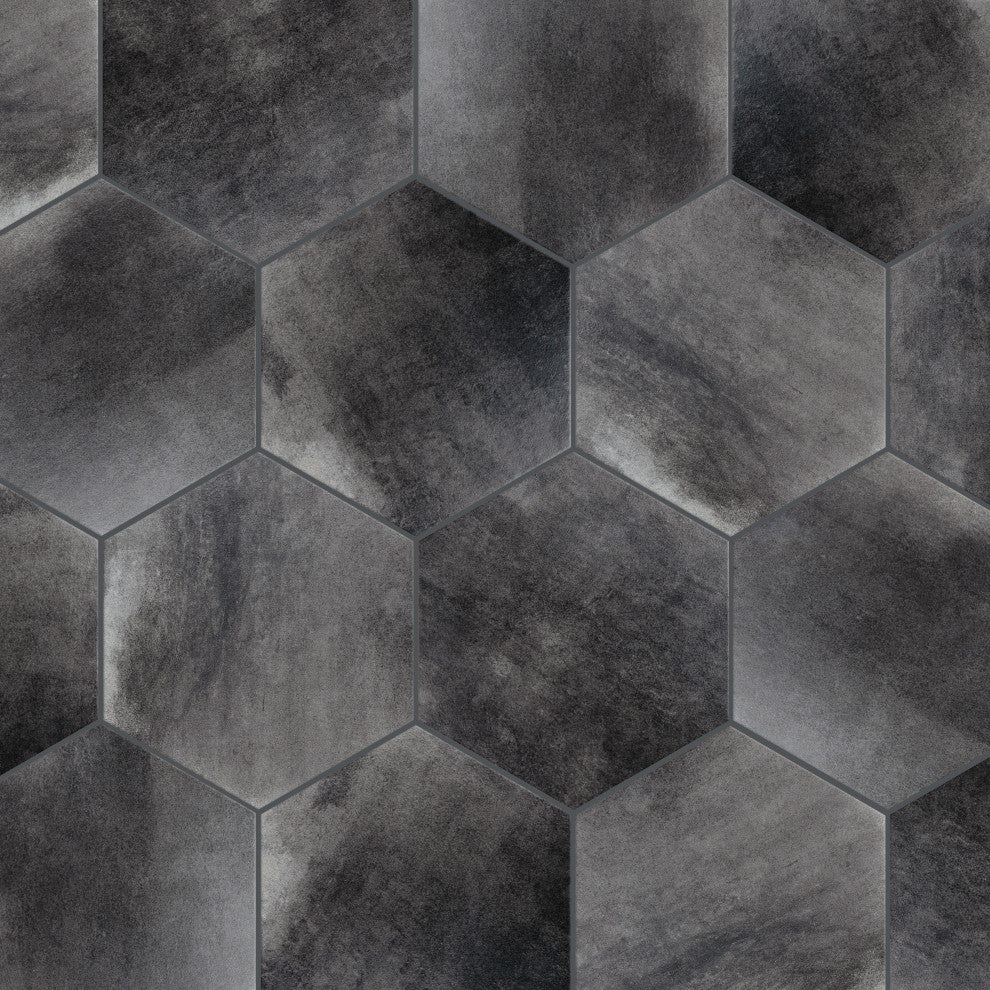 Industrial Hex Multi Mix Porcelain Floor and Wall Tile, Black