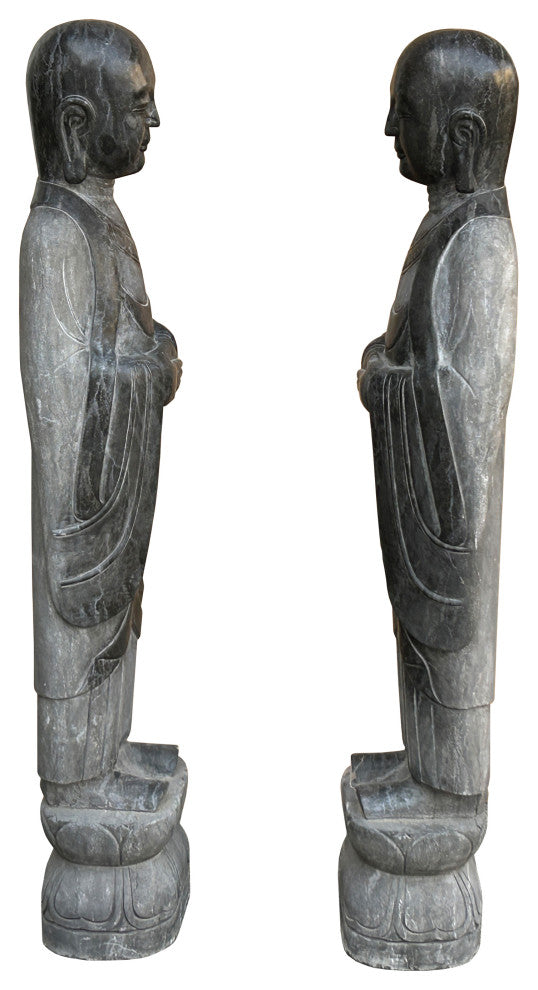 Pair Black Gray Stone Carved Standing Monk Arhat Lohan Statues Hws4335P