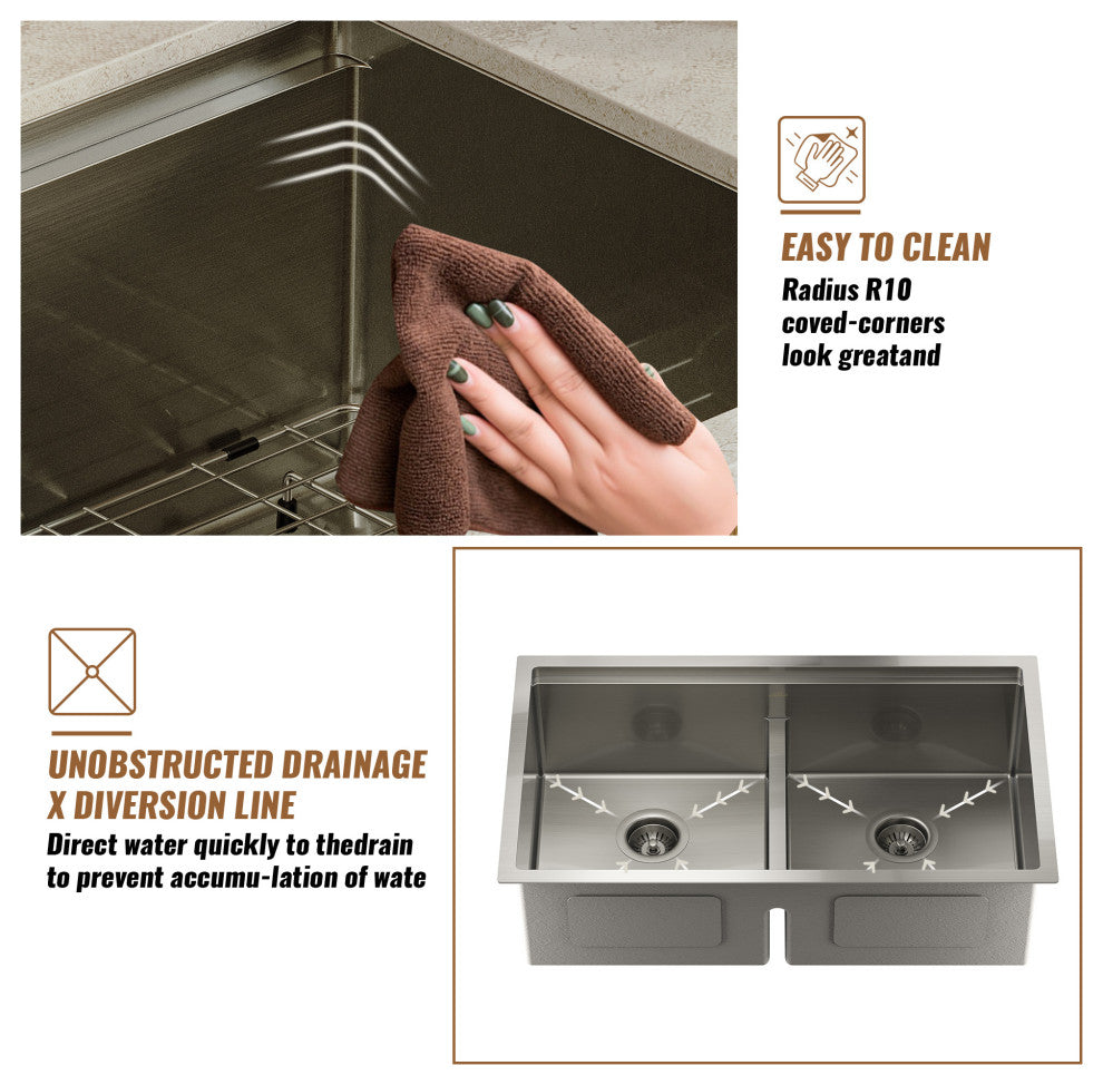 Undermount Stainless Steel 33-inch Double Bowl Kitchen Sink in Brushed