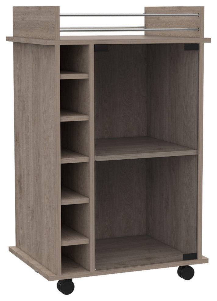 Vegas Bar Cart with Glass Door, 6 Wine Cubbies, and 2 Inner Shelves, Light Grey