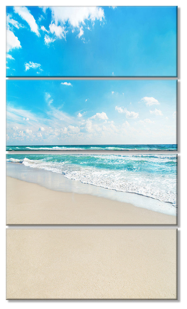 "Sea Beach Against Wave Foaming" Seascape Wall Art, 4 Panels, 28"x48"