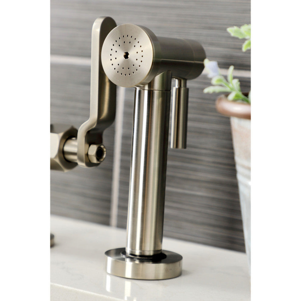 Industrial Style Bridge Kitchen Faucet and Brass Sprayer, Brushed Nickel