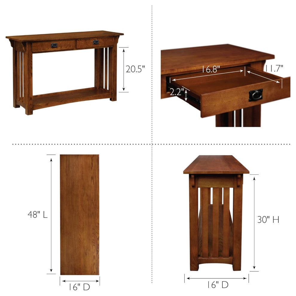 Mission Style Console Table in Medium Oak with Slatted Sides & 2 Drawers