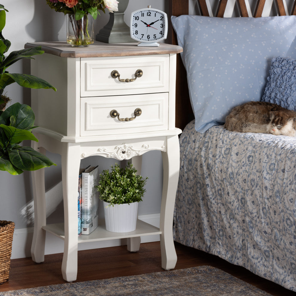 Glannant Country Cottage Two-Tone White and Oak 2-Drawer Wood Nightstand