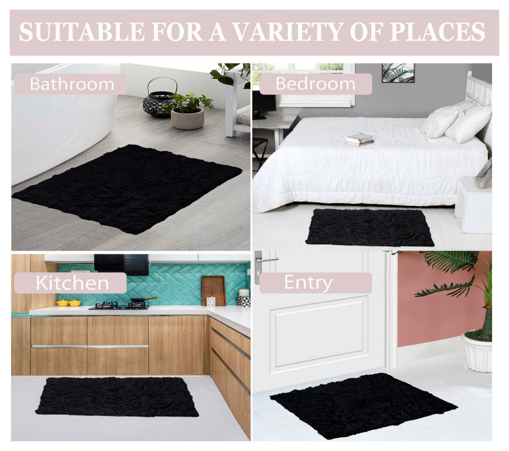 Bell Flower Collection Cotton Bath Rug, 21"x34", Black